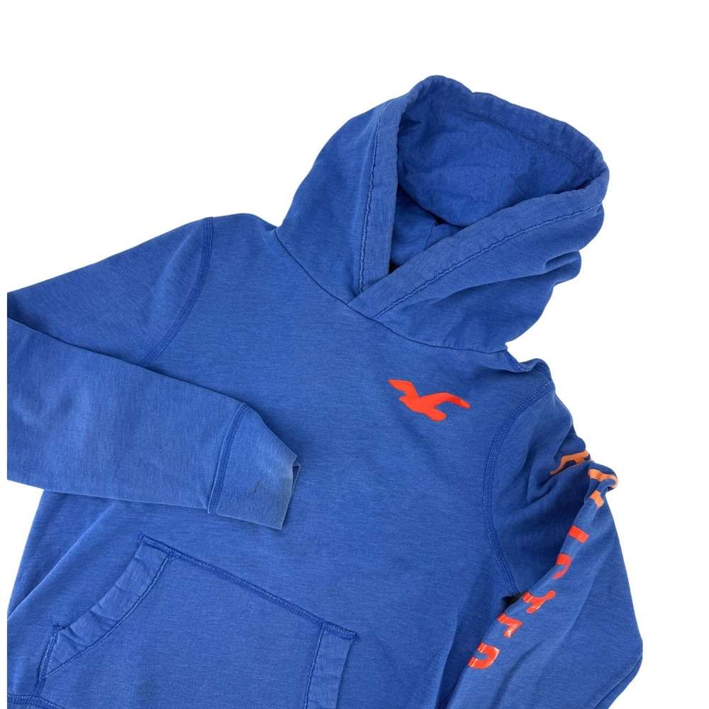 Hollister Vintage Blue Hoodie Orange Graphic Sleeve Logo Pullover Sweatshirt